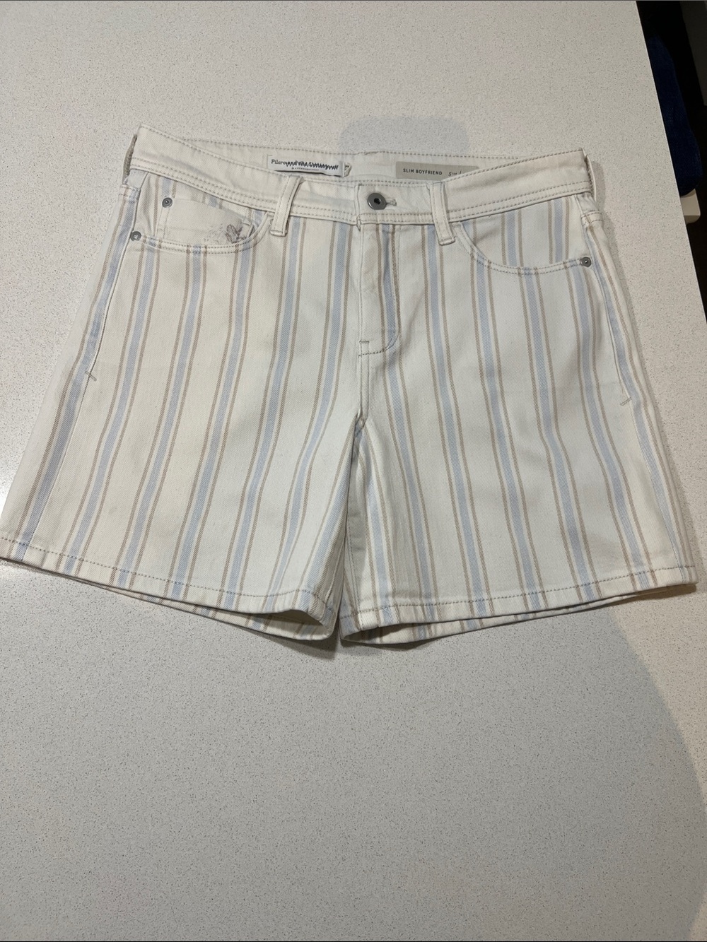 Anthro Pilcro and the Letterpress Denim Stripe Shorts Sz 28 Cream Blue Like New